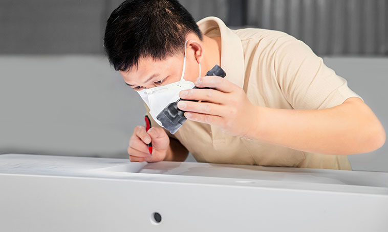 people is inspecting the surface of corian bathtub