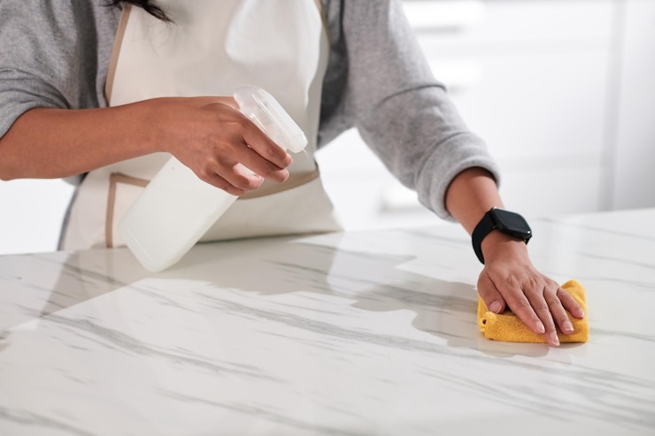 Woman cleaning the kitchen countertop